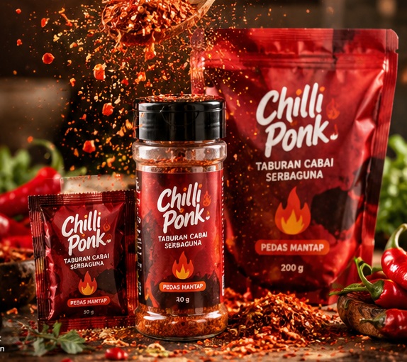 Mockup produk Chilli Ponk bersama cabai dan bubuk cabai